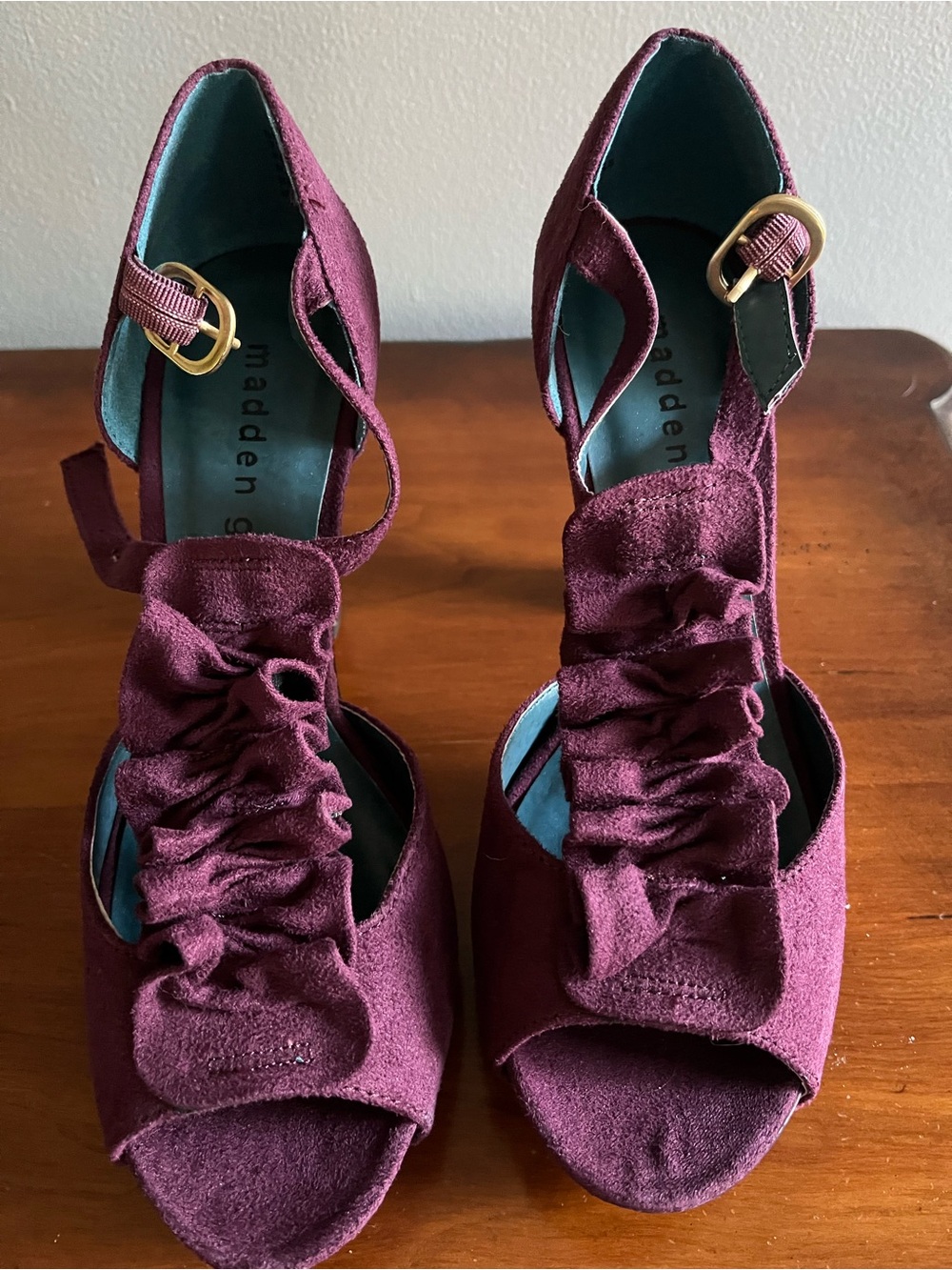 Madden Girl Burgundy Ruffle Open-Toe Ankle-Strap Heels